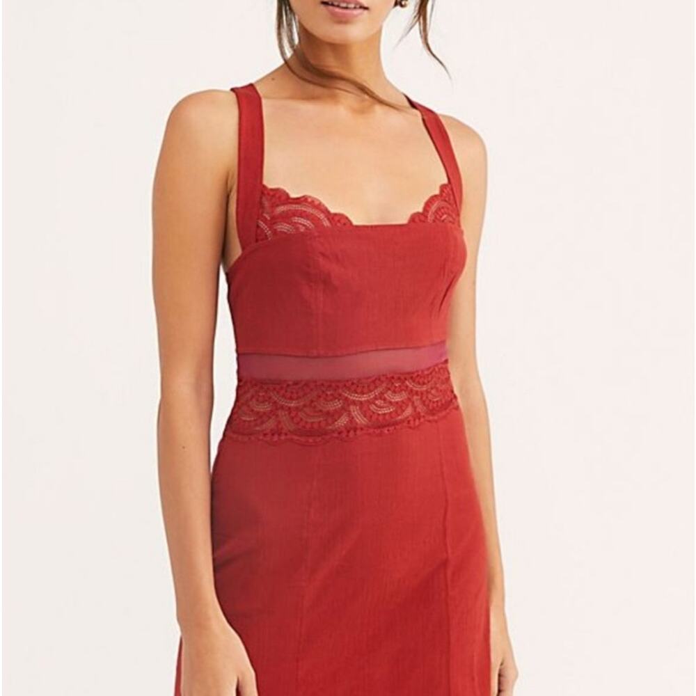 Free People Red Lace Thinkin Bout You Slip Dress Strappy Sz S